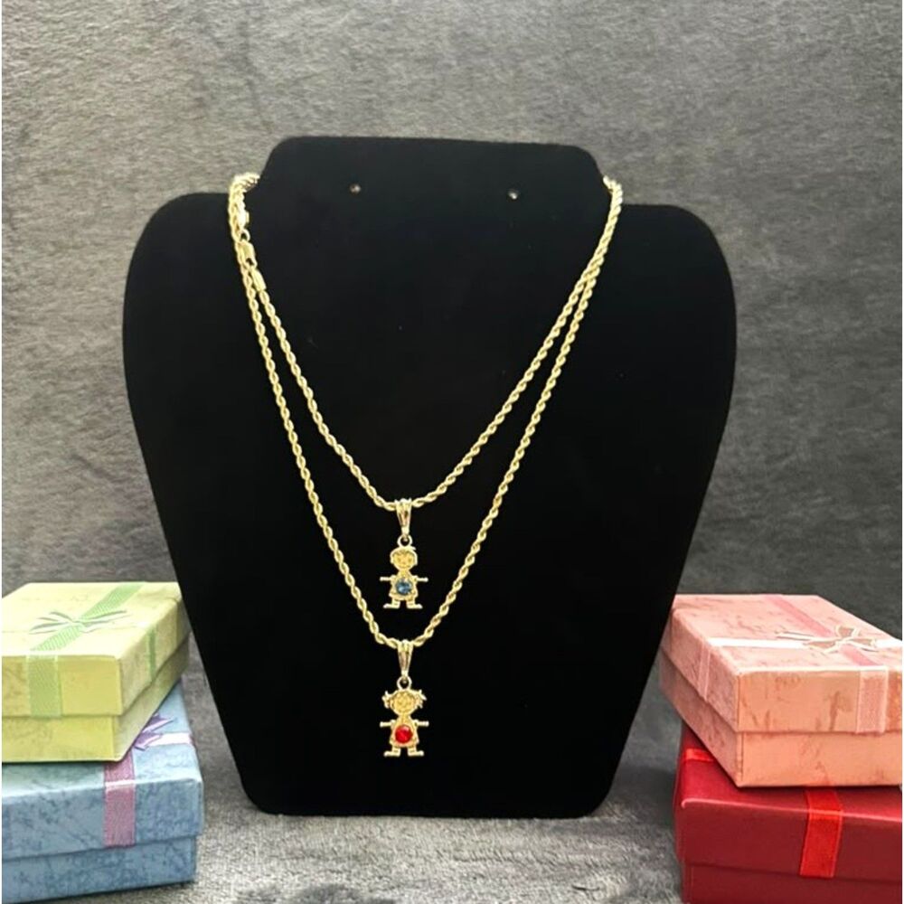 Set of 2 Gold Filled Boy & Girl Birthstone Pendant Necklaces Family Mom Gift